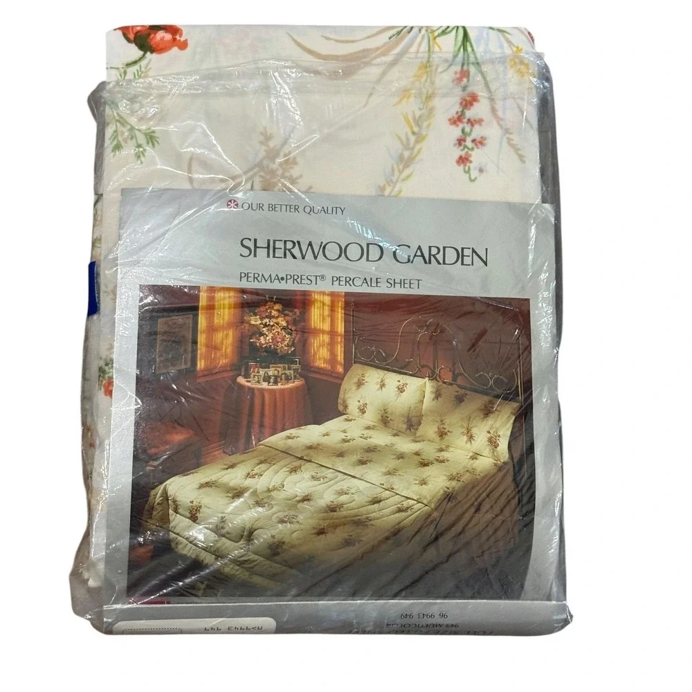 Vintage 70s Garden Full Sheet Set Flat Fitted Percale Floral Perma Prest Cottage
